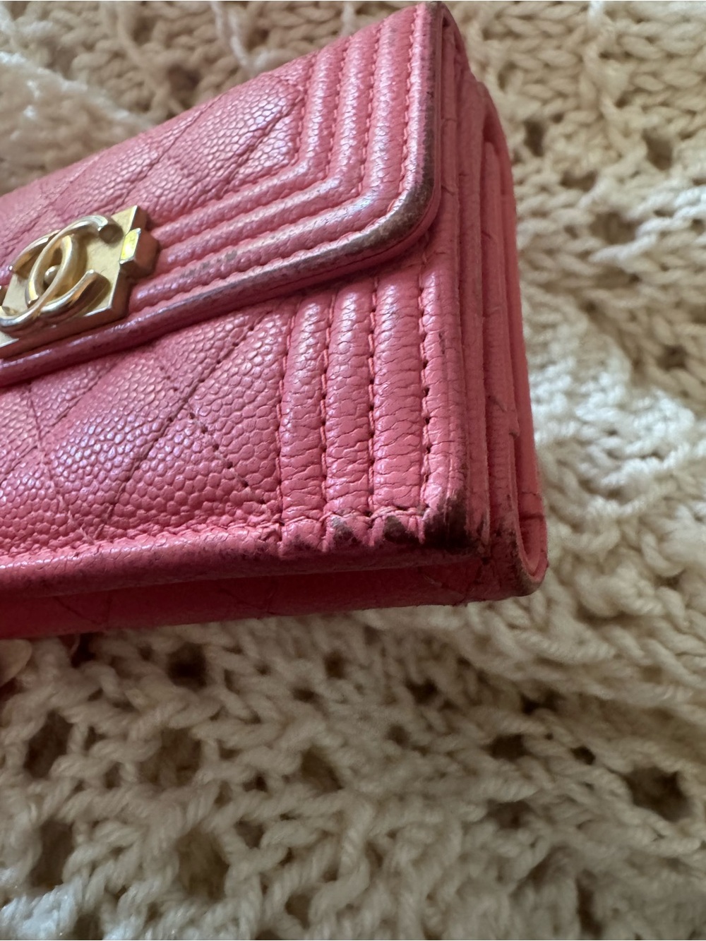 Authentic Chanel Boy Pink Caviar Leather Trifold Wallet Aged Gold Hardware - Picture 10 of 16